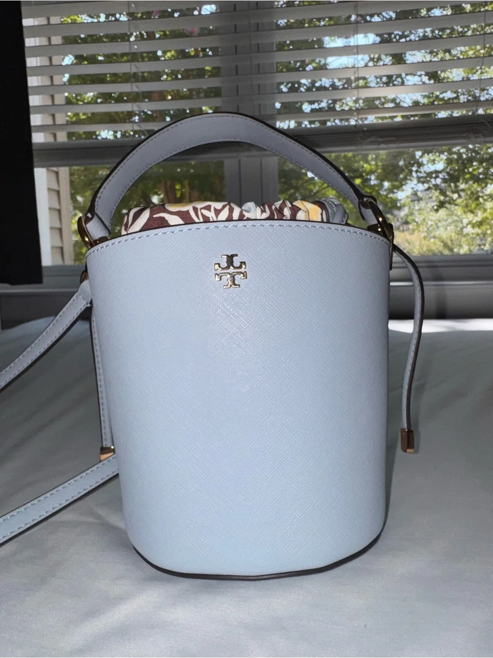 Tory Burch Powder Blue Saffiano Leather Bucket Bag